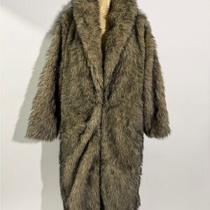 Faux Fur Long Coat in Olive Brown - Women’s Plush Winter Coat